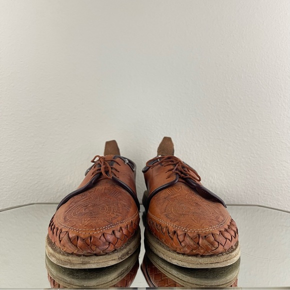 Mens Burnt Brown Tooled Leather Handmade Closed Toe Aztec Calendar Huaraches - Picture 10 of 14
